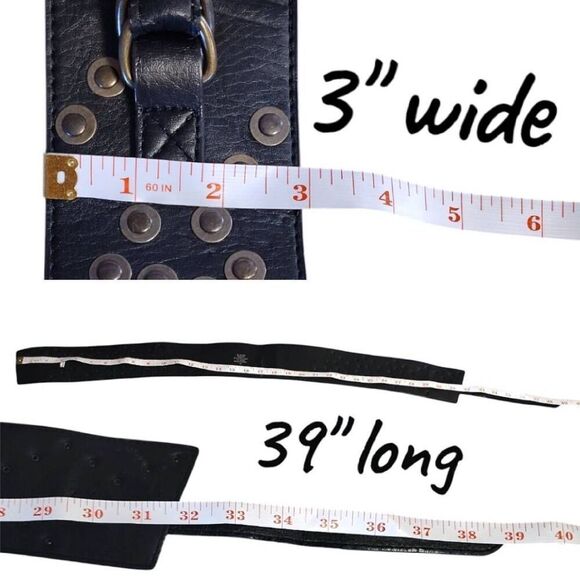 VTG Y2K Black Faux Leather Studded 3" Wide Grunge Belt Size Medium - Picture 12 of 15
